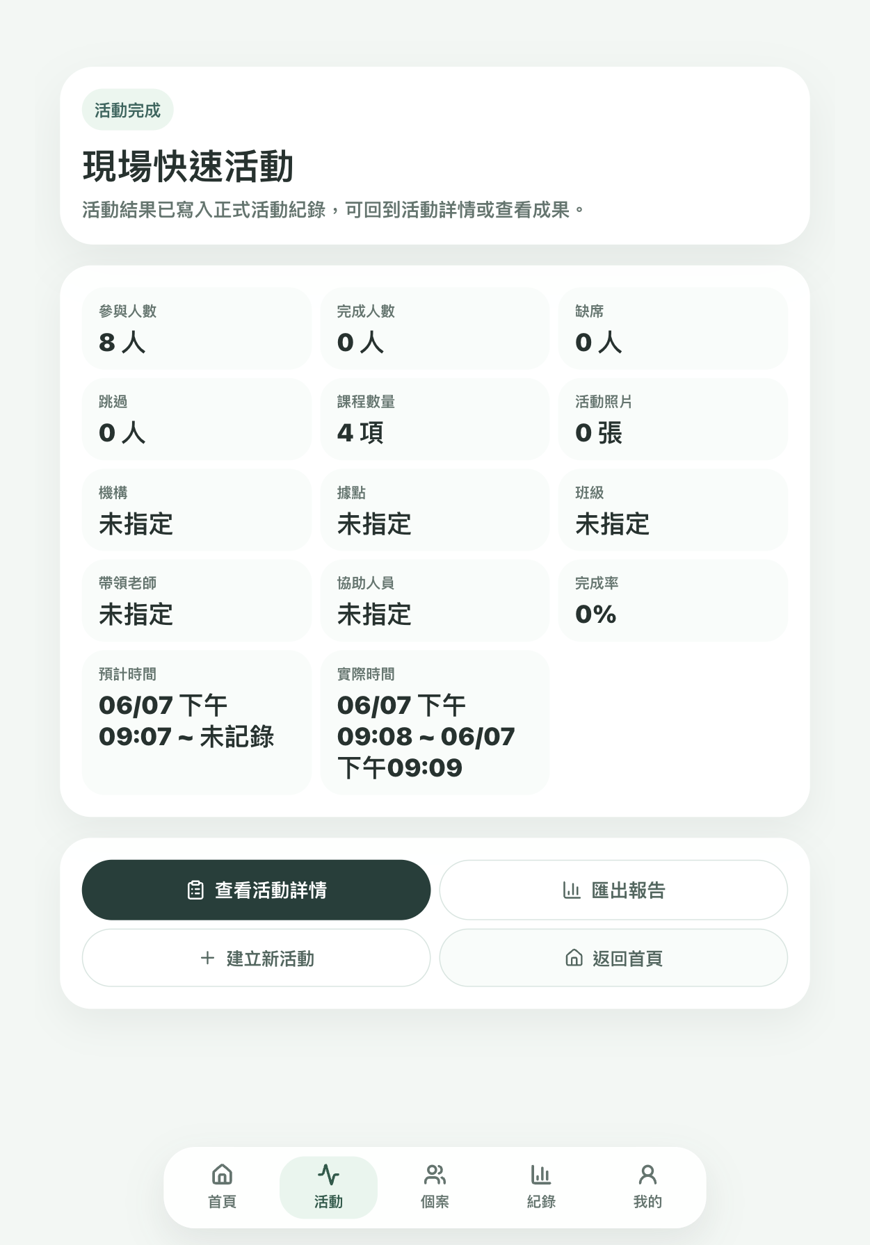 機構版活動完成後的成果摘要與匯出入口